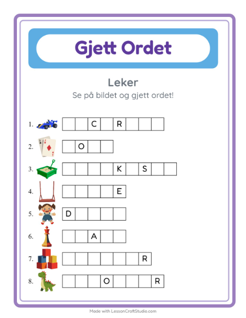 Forhåndsvisning av Gjett Ordet-arbeidsark med Leker for Barnehage (5-7 år)