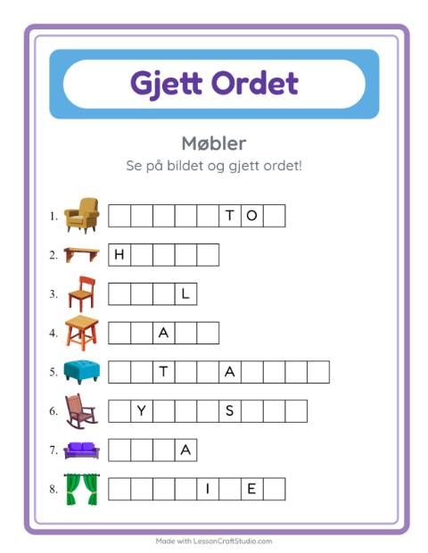 Forhåndsvisning av Gjett Ordet-arbeidsark med Møbler for Barnehage (5-7 år)