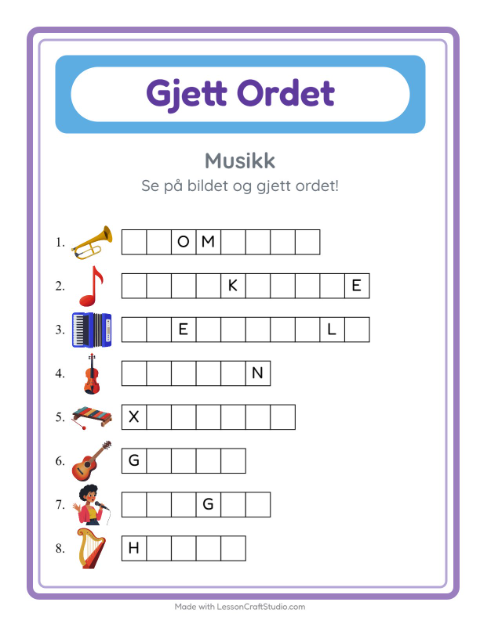 Forhåndsvisning av Gjett Ordet-arbeidsark med Musikk for Barnehage (5-7 år)