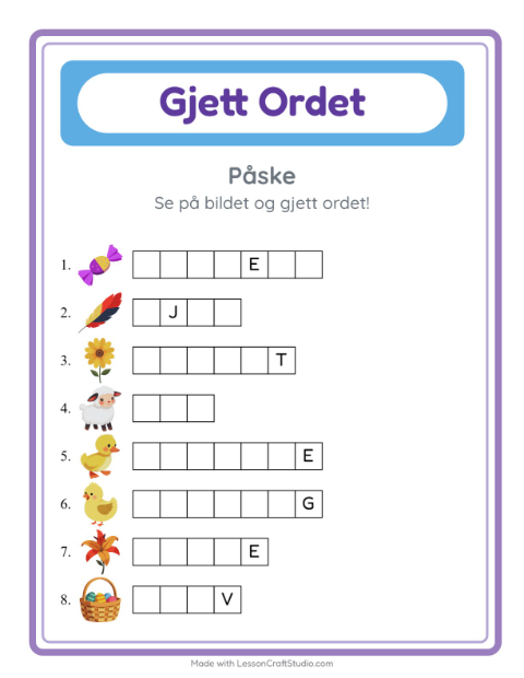 Forhåndsvisning av Gjett Ordet-arbeidsark med Påske for Barnehage (5-7 år)