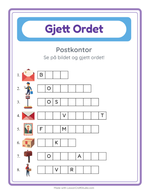 Forhåndsvisning av Gjett Ordet-arbeidsark med Postkontor for Barnehage (5-7 år)