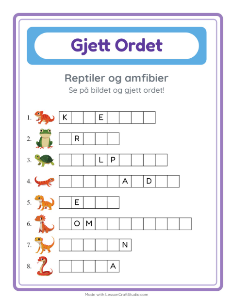 Forhåndsvisning av Gjett Ordet-arbeidsark med Reptiler og amfibier for Barnehage (5-7 år)