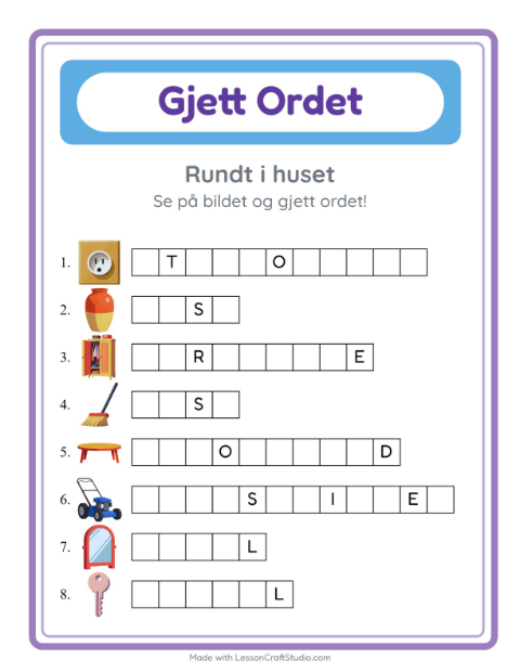 Forhåndsvisning av Gjett Ordet-arbeidsark med Rundt i huset for Barnehage (5-7 år)