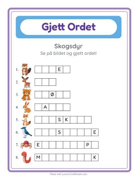 Forhåndsvisning av Gjett Ordet-arbeidsark med Skogsdyr for Barnehage (5-7 år)