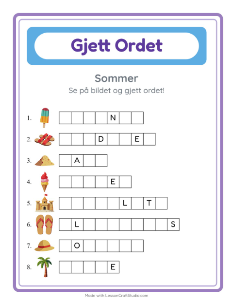 Forhåndsvisning av Gjett Ordet-arbeidsark med Sommer for Barnehage (5-7 år)