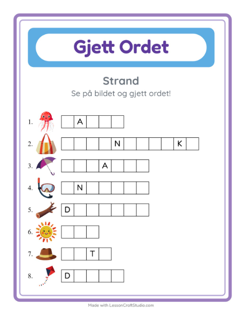 Forhåndsvisning av Gjett Ordet-arbeidsark med Strand for Barnehage (5-7 år)