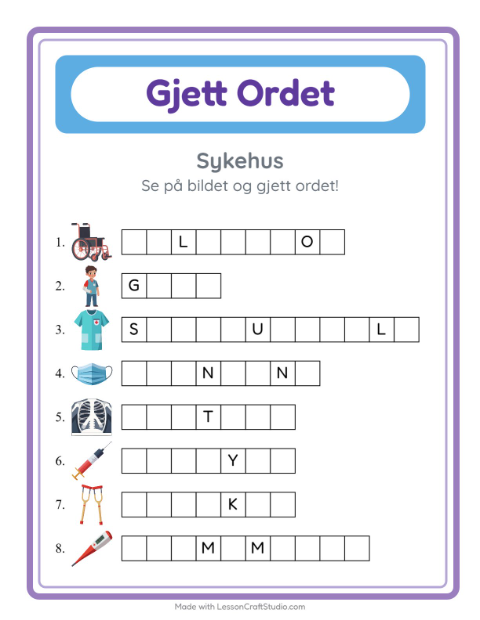 Forhåndsvisning av Gjett Ordet-arbeidsark med Sykehus for Barnehage (5-7 år)