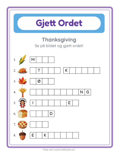 Forhåndsvisning av Gjett Ordet-arbeidsark med Thanksgiving for Barnehage (5-7 år)