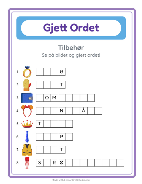 Forhåndsvisning av Gjett Ordet-arbeidsark med Tilbehør for Barnehage (5-7 år)