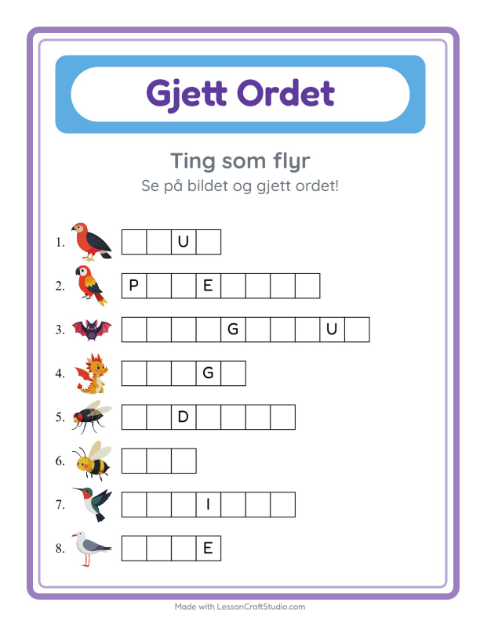 Forhåndsvisning av Gjett Ordet-arbeidsark med Ting som flyr for Barnehage (5-7 år)