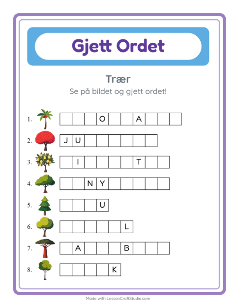 Forhåndsvisning av Gjett Ordet-arbeidsark med Trær for Barnehage (5-7 år)