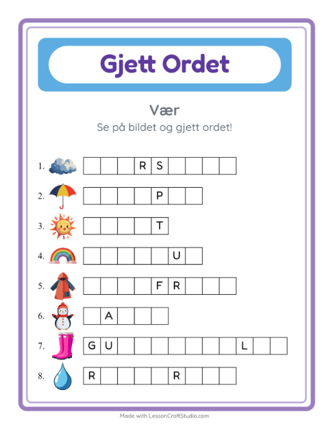 Forhåndsvisning av Gjett Ordet-arbeidsark med Vær for Barnehage (5-7 år)