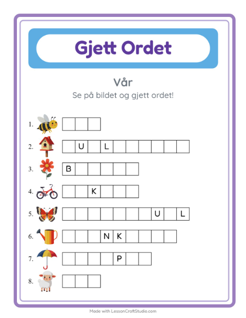 Forhåndsvisning av Gjett Ordet-arbeidsark med Vår for Barnehage (5-7 år)