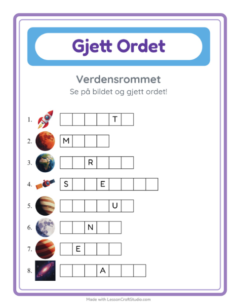 Forhåndsvisning av Gjett Ordet-arbeidsark med Verdensrommet for Barnehage (5-7 år)