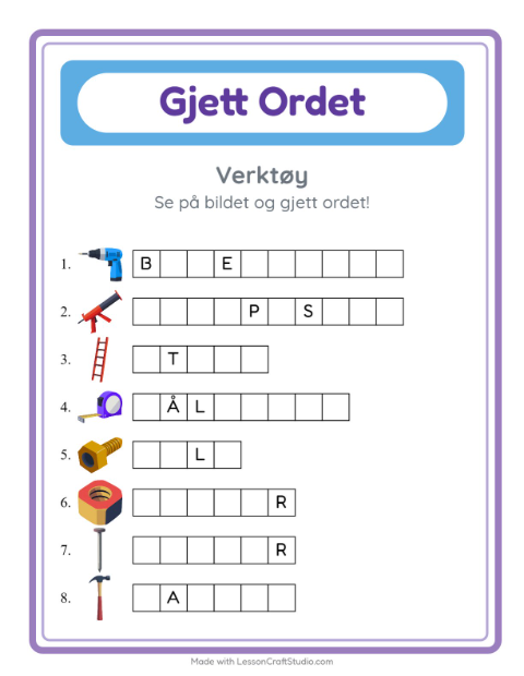 Forhåndsvisning av Gjett Ordet-arbeidsark med Verktøy for Barnehage (5-7 år)