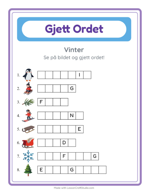Forhåndsvisning av Gjett Ordet-arbeidsark med Vinter for Barnehage (5-7 år)