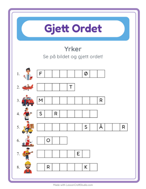 Forhåndsvisning av Gjett Ordet-arbeidsark med Yrker for Barnehage (5-7 år)