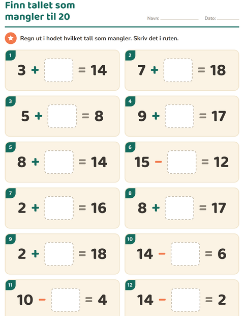 Forhåndsvisning av Hoderegning-arbeidsark for 1. trinn