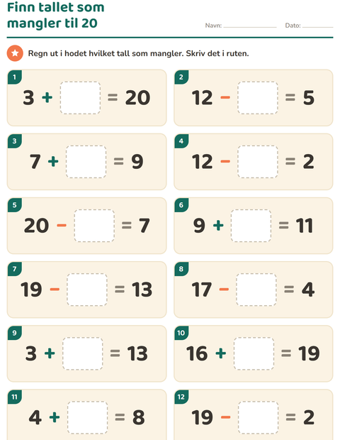 Forhåndsvisning av Hoderegning-arbeidsark for 1. trinn