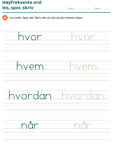 Forhåndsvisning av Høyfrekvente ord-arbeidsark for Barnehage (5-7 år)