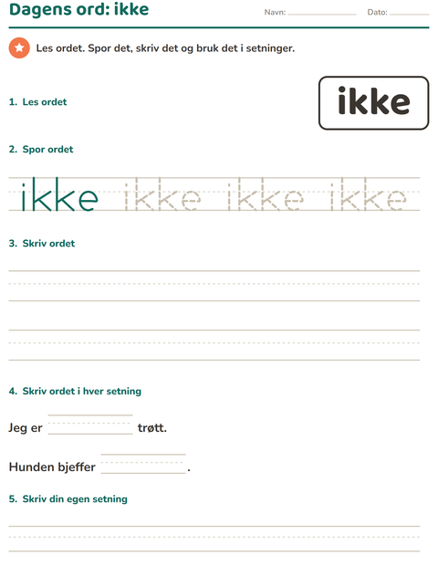 Forhåndsvisning av Høyfrekvente ord-arbeidsark for Barnehage (5-7 år)