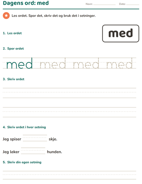 Forhåndsvisning av Høyfrekvente ord-arbeidsark for Barnehage (5-7 år)