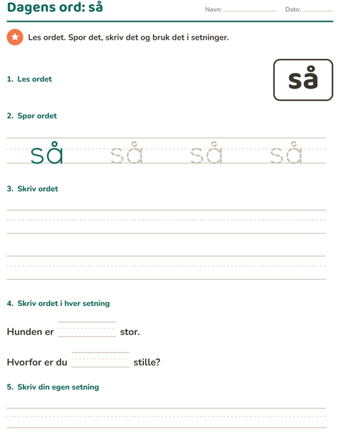 Forhåndsvisning av Høyfrekvente ord-arbeidsark for Barnehage (5-7 år)