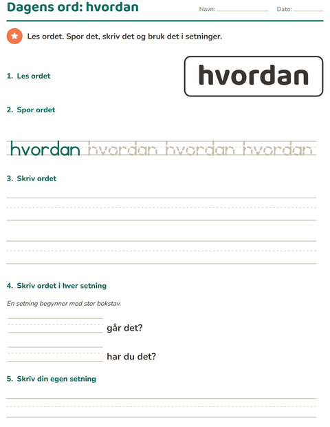 Forhåndsvisning av Høyfrekvente ord-arbeidsark for Barnehage (5-7 år)