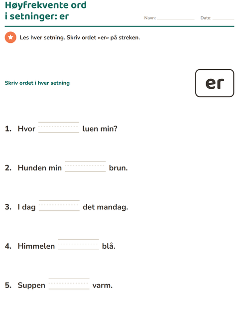 Forhåndsvisning av Høyfrekvente ord-arbeidsark for Barnehage (5-7 år)