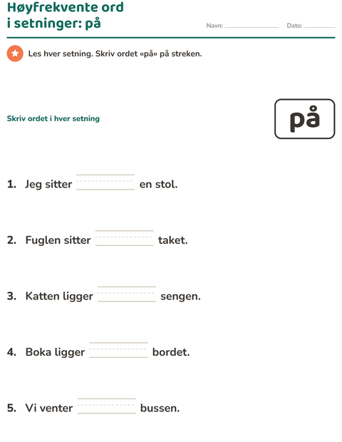 Forhåndsvisning av Høyfrekvente ord-arbeidsark for Barnehage (5-7 år)