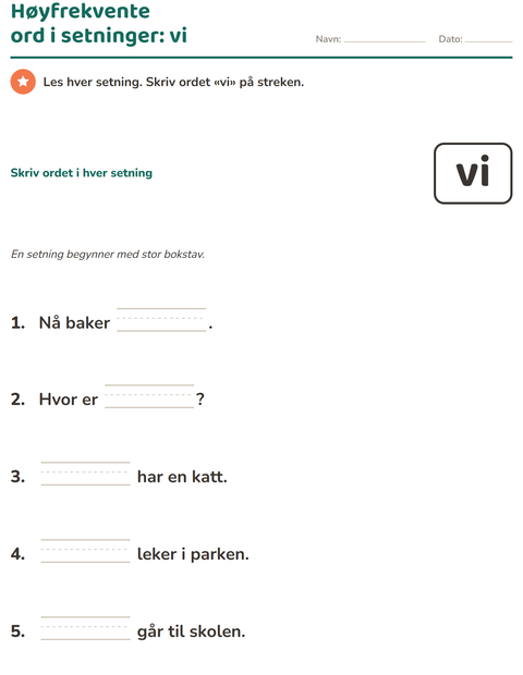 Forhåndsvisning av Høyfrekvente ord-arbeidsark for Barnehage (5-7 år)
