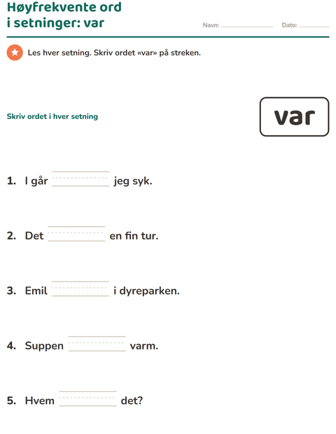 Forhåndsvisning av Høyfrekvente ord-arbeidsark for Barnehage (5-7 år)