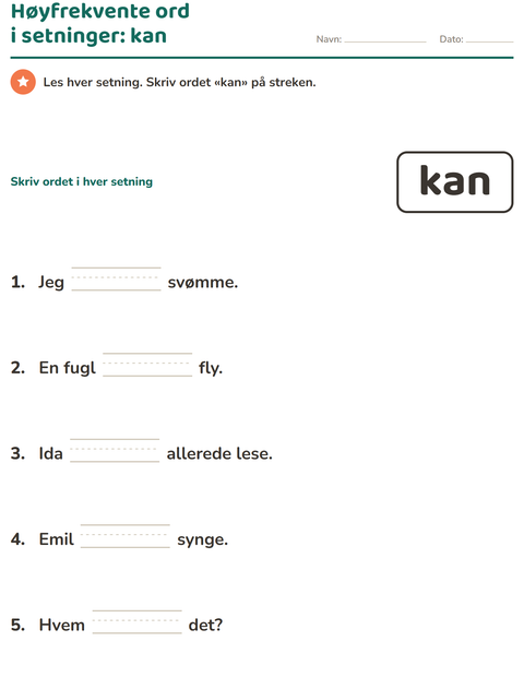Forhåndsvisning av Høyfrekvente ord-arbeidsark for Barnehage (5-7 år)