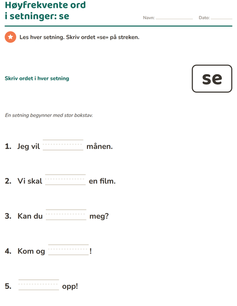 Forhåndsvisning av Høyfrekvente ord-arbeidsark for Barnehage (5-7 år)