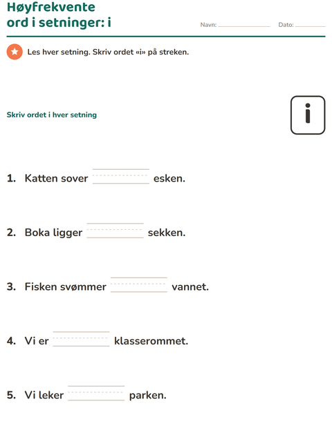 Forhåndsvisning av Høyfrekvente ord-arbeidsark for Barnehage (5-7 år)