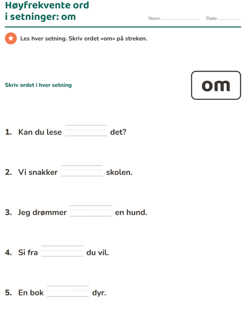 Forhåndsvisning av Høyfrekvente ord-arbeidsark for Barnehage (5-7 år)
