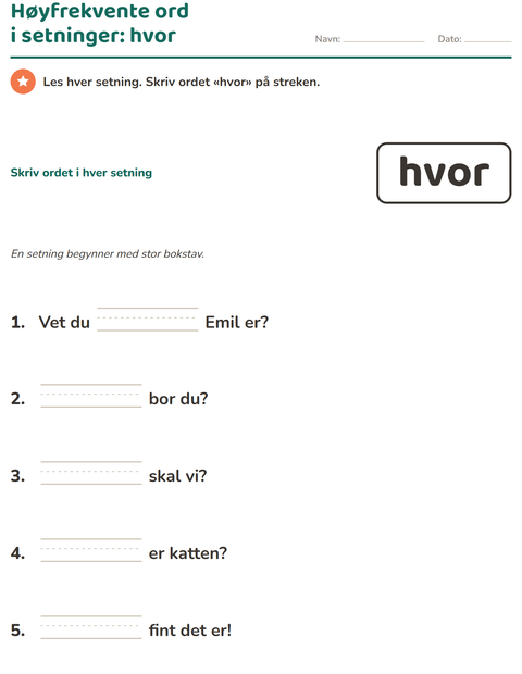 Forhåndsvisning av Høyfrekvente ord-arbeidsark for Barnehage (5-7 år)