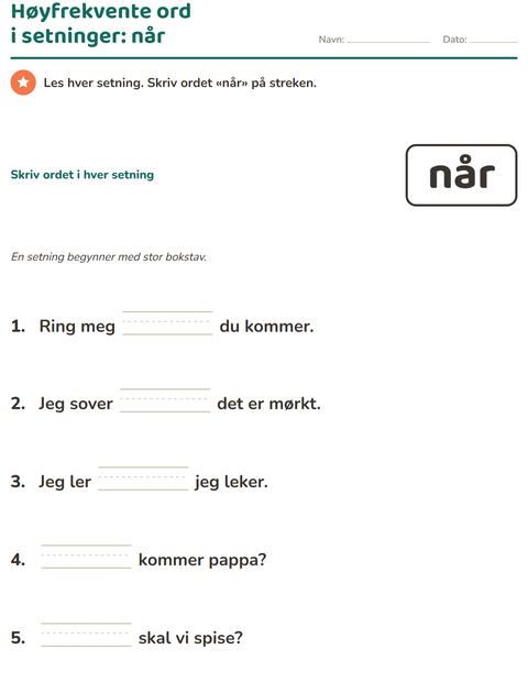 Forhåndsvisning av Høyfrekvente ord-arbeidsark for Barnehage (5-7 år)