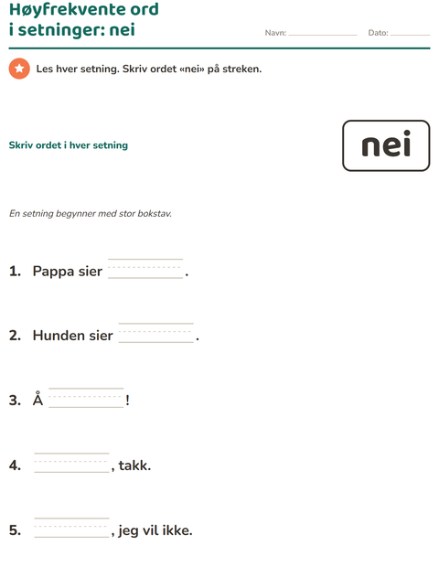 Forhåndsvisning av Høyfrekvente ord-arbeidsark for Barnehage (5-7 år)