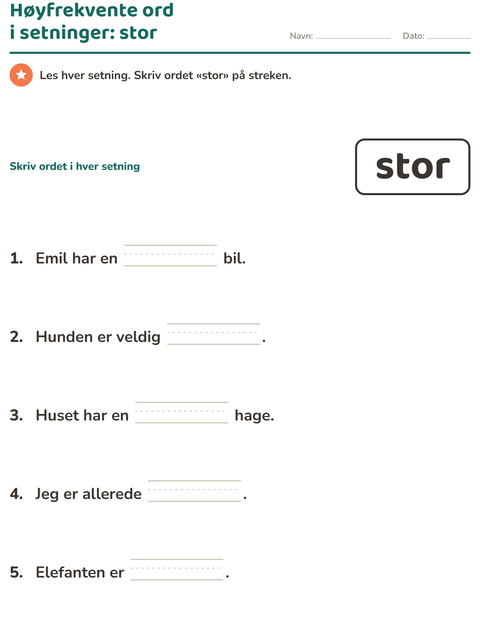 Forhåndsvisning av Høyfrekvente ord-arbeidsark for Barnehage (5-7 år)