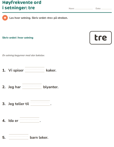 Forhåndsvisning av Høyfrekvente ord-arbeidsark for Barnehage (5-7 år)