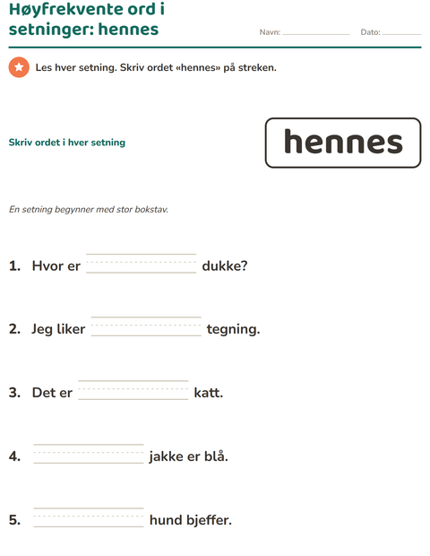 Forhåndsvisning av Høyfrekvente ord-arbeidsark for Barnehage (5-7 år)