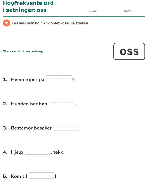Forhåndsvisning av Høyfrekvente ord-arbeidsark for Barnehage (5-7 år)