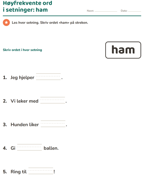Forhåndsvisning av Høyfrekvente ord-arbeidsark for Barnehage (5-7 år)