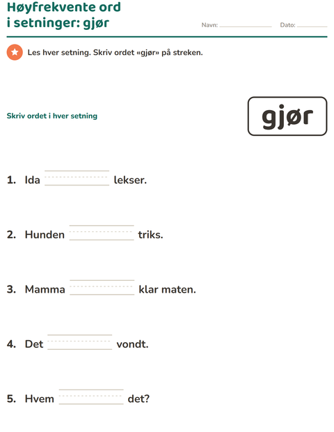Forhåndsvisning av Høyfrekvente ord-arbeidsark for Barnehage (5-7 år)