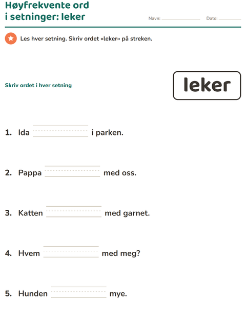 Forhåndsvisning av Høyfrekvente ord-arbeidsark for Barnehage (5-7 år)