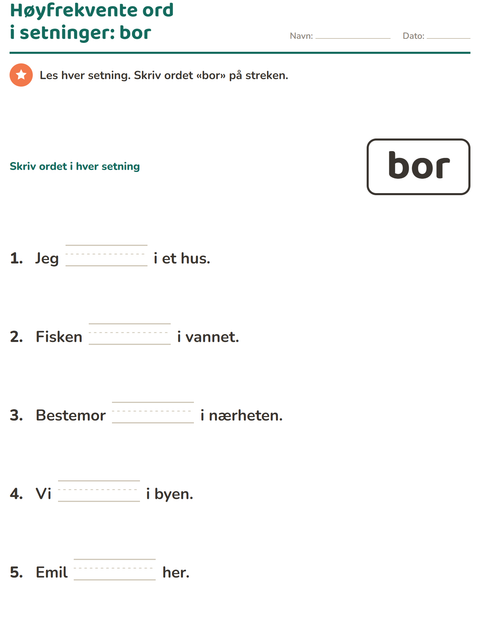 Forhåndsvisning av Høyfrekvente ord-arbeidsark for Barnehage (5-7 år)