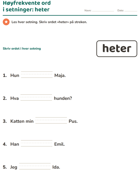 Forhåndsvisning av Høyfrekvente ord-arbeidsark for Barnehage (5-7 år)