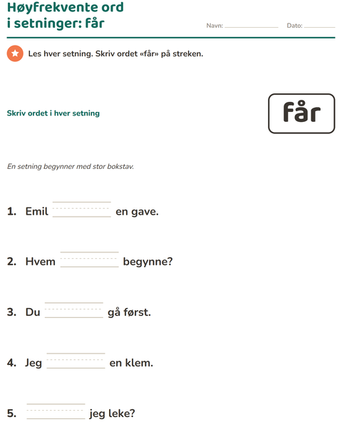 Forhåndsvisning av Høyfrekvente ord-arbeidsark for Barnehage (5-7 år)