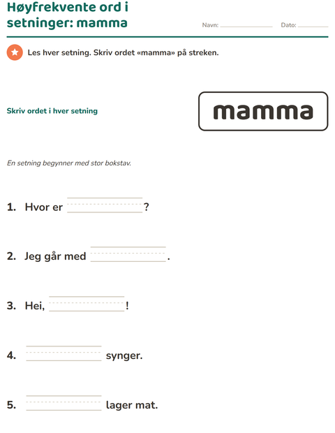 Forhåndsvisning av Høyfrekvente ord-arbeidsark for Barnehage (5-7 år)